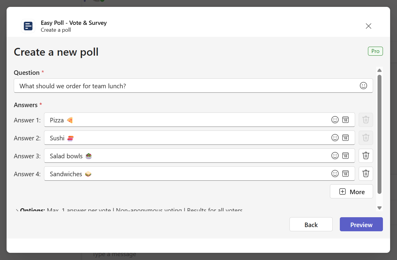Creating a Microsoft Teams poll with Easy Poll question and answer options