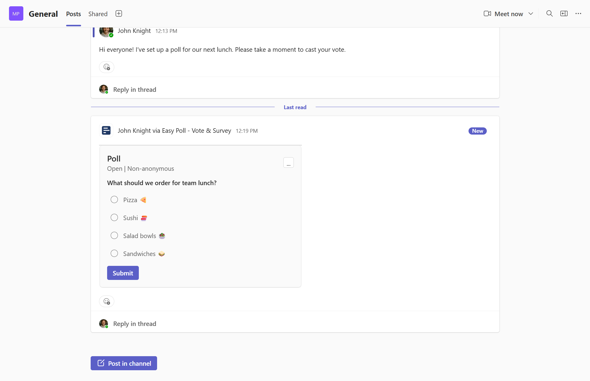 Easy Poll posted in a Microsoft Teams channel chat