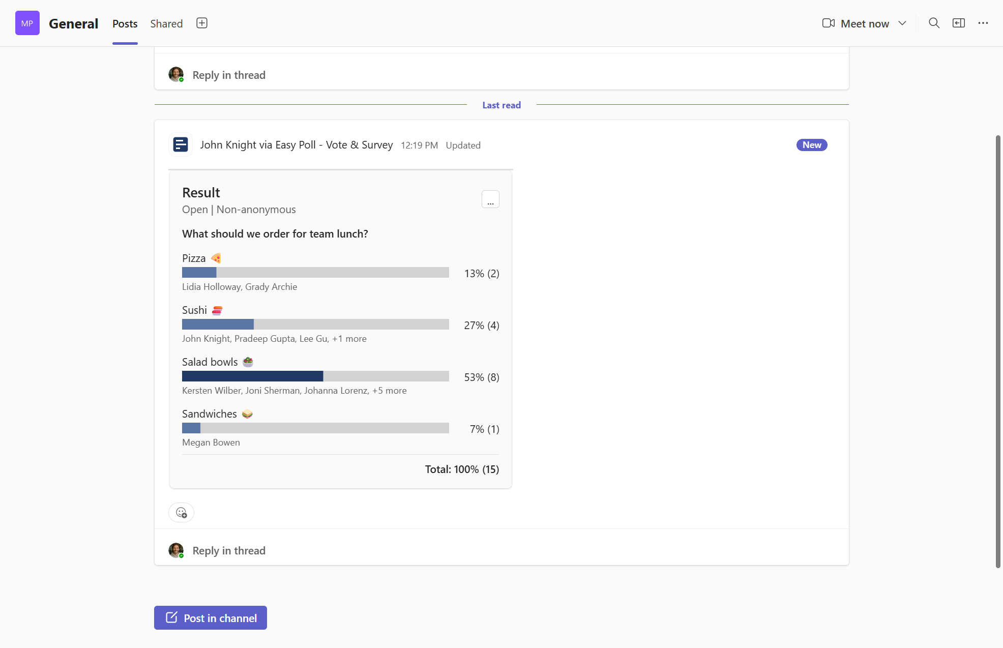 Voting on an Easy Poll in Microsoft Teams chat